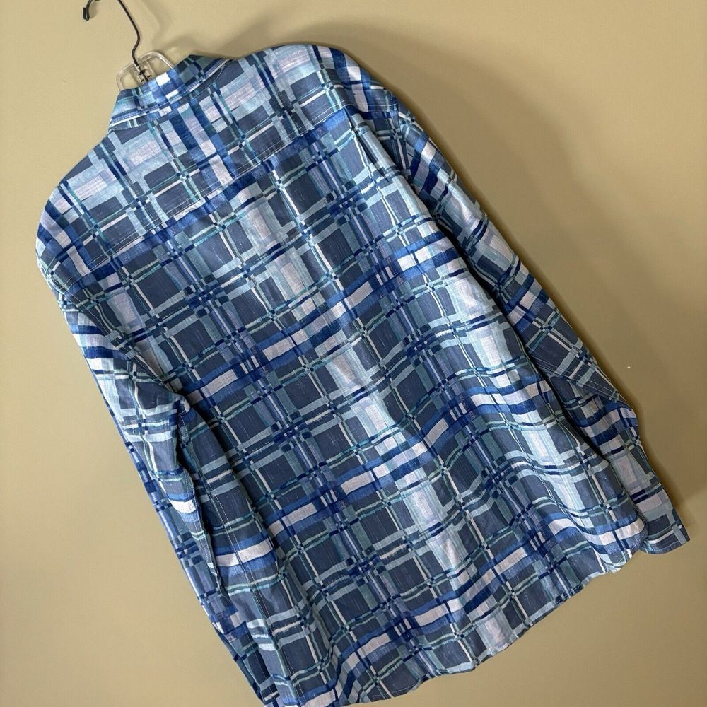 Men's Tommy Bahama Long Sleeved Linen Blend Blue Plaid Button Up Shirt Large - Picture 3 of 6